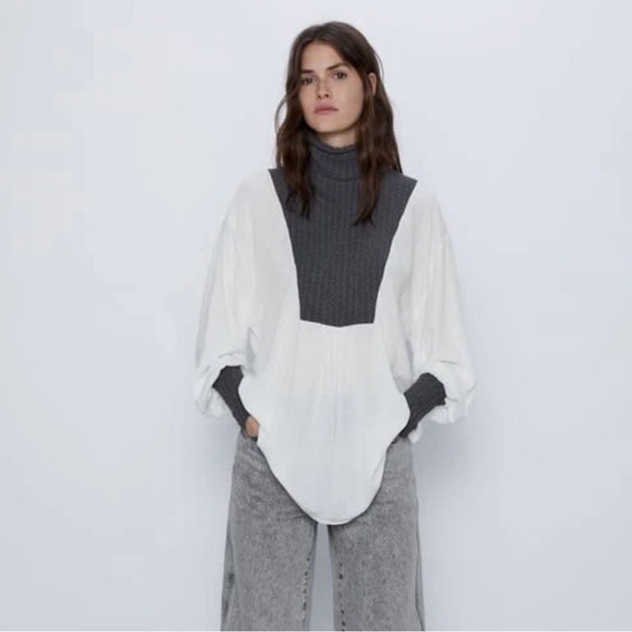 Zara Contrast Cable Knit Long Sleeve Mock Neck Blouse Tunic Women’s Medium - Picture 1 of 9